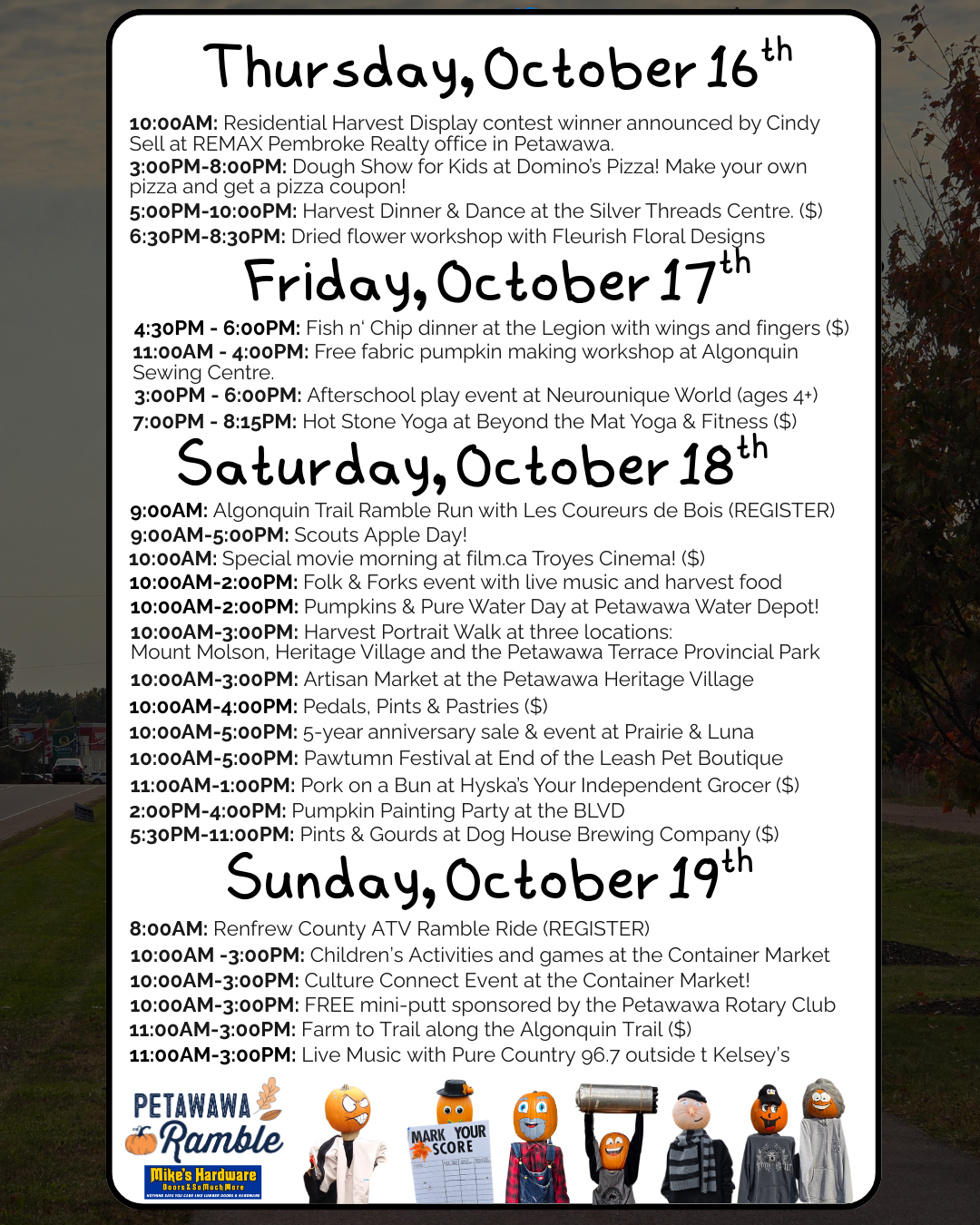 2024 Petawawa Ramble - Schedule of Events