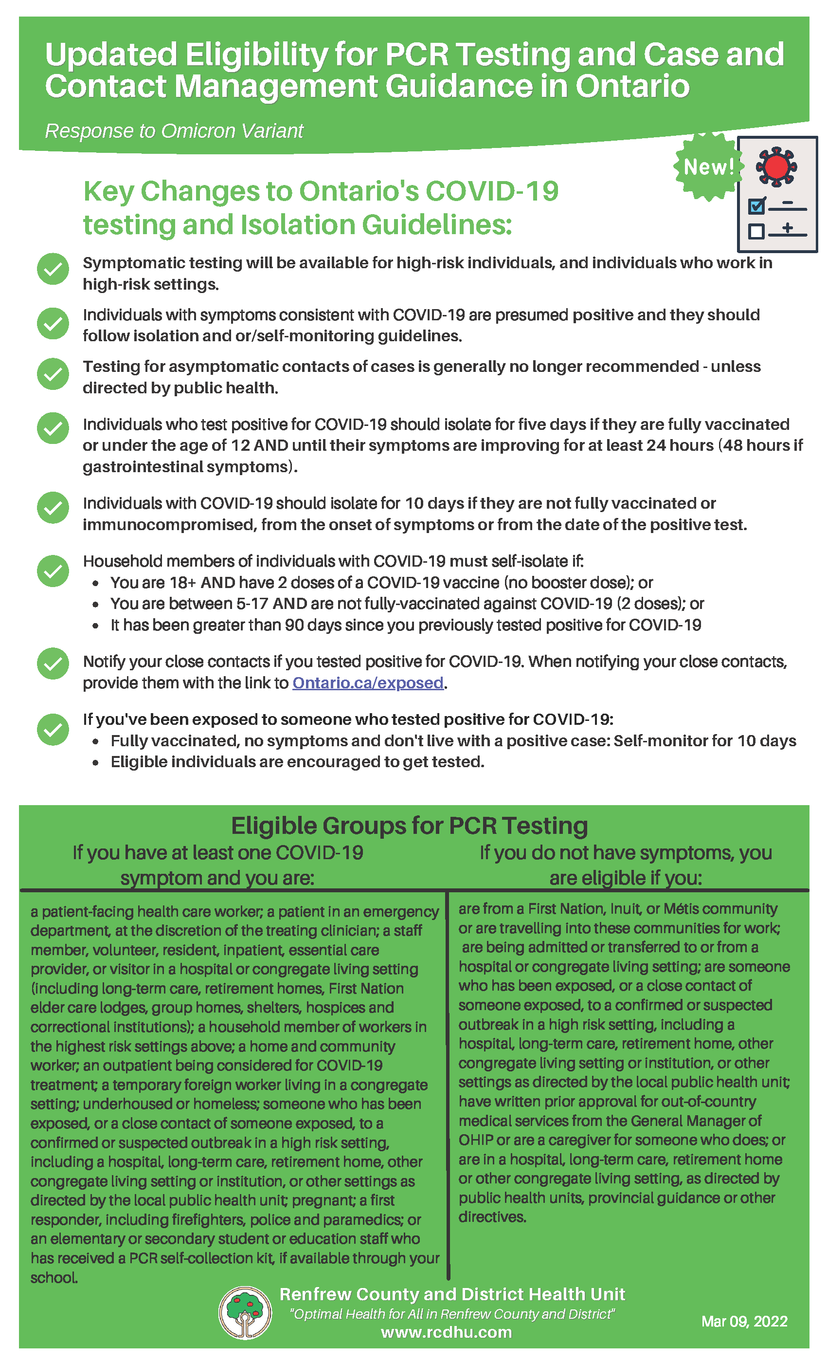 The RCDHU graphic on COVID 19 protocols effective March 2022
