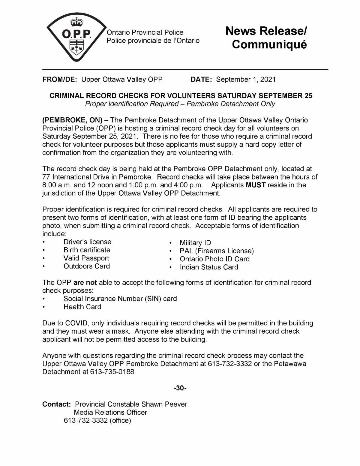 OPP, criminal record check for volunteers, UOVOPP
