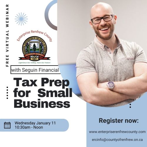 A poster for ERC Tax Prep for small business webinars