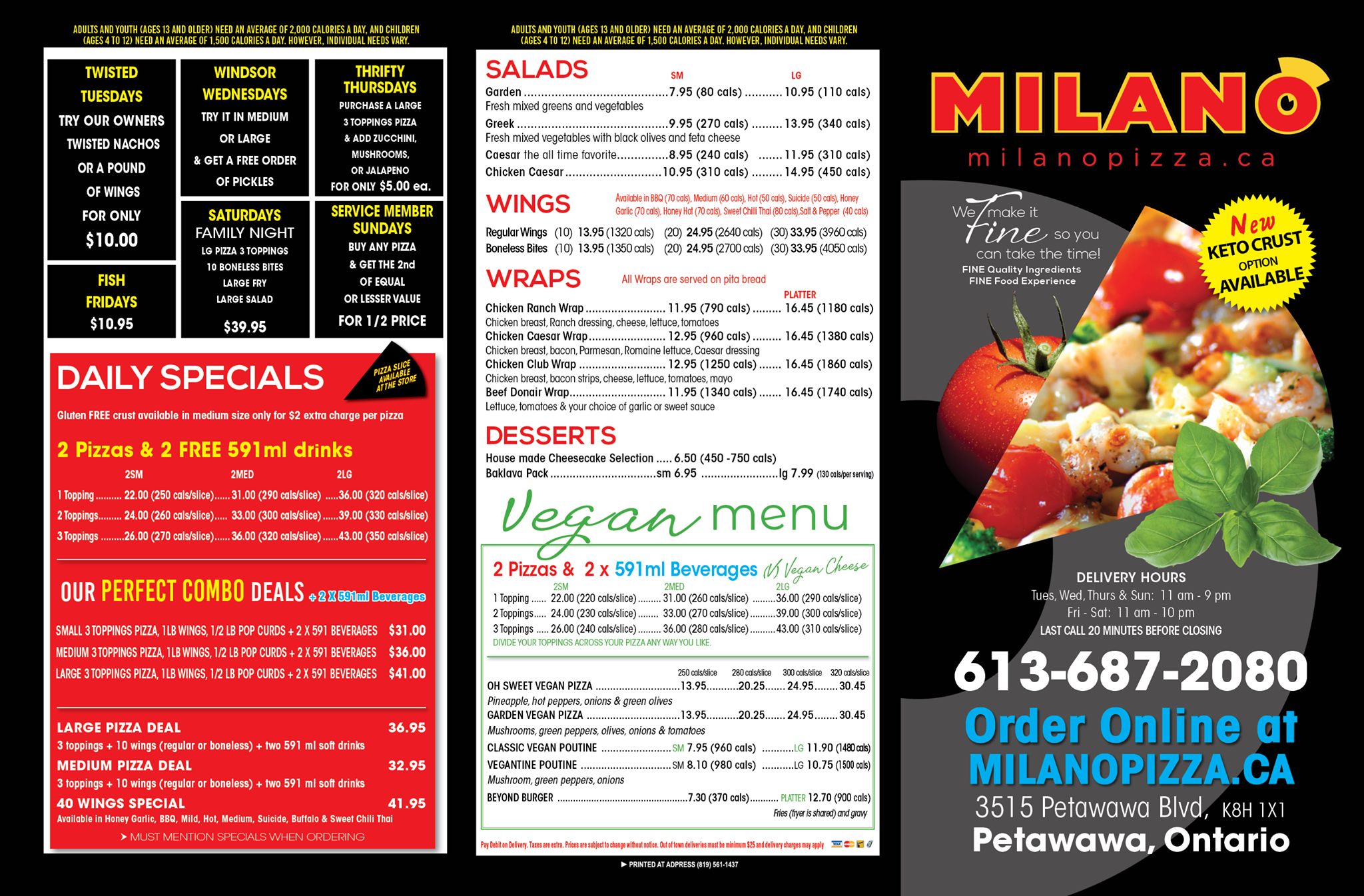 A menu detailing items in Milano's Pizzeria Petawawa