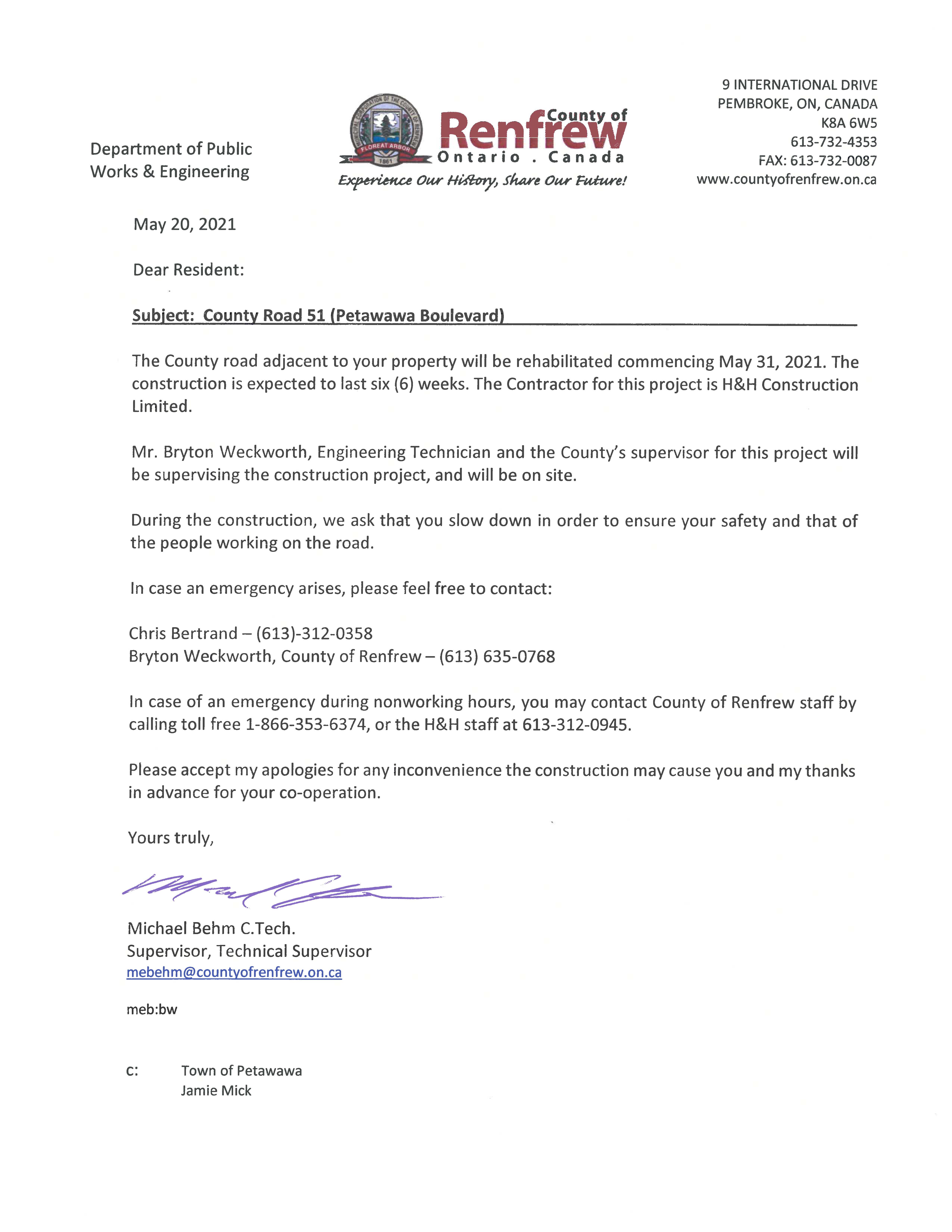 letter from the County of Renfrew detailing County Rd. 51 rehabilitation works.
