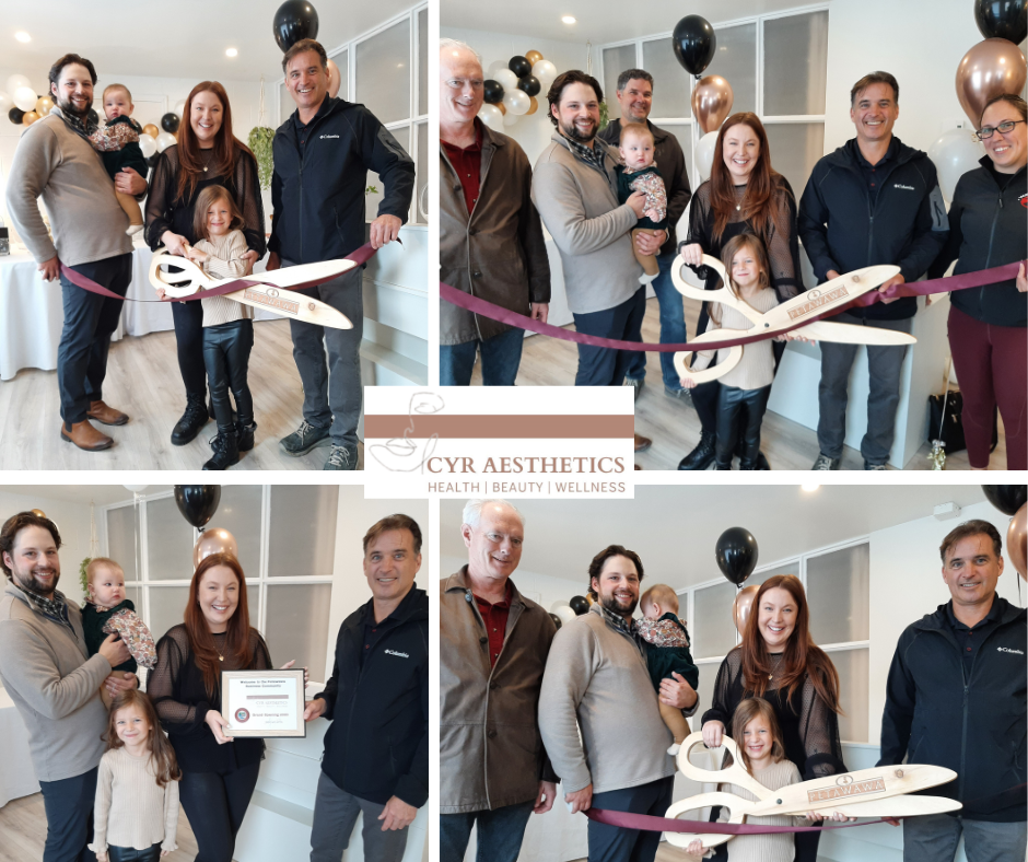 A photo collage of the ribbon cutting for Cyr Aesthetics